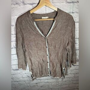 KARAVAN 100% Linen Button front embroidered edge top brown color‎ size medium